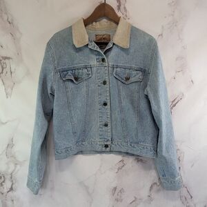 Vintage Denim Jacket Women Large Jean 80s 90s Y2K Linen Collar Light Wash Crop
